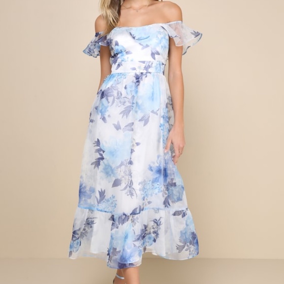 Lulus Dresses & Skirts - Lulus Sweet Composure White Floral Organza Off-the-shoulder Midi Dress Blue